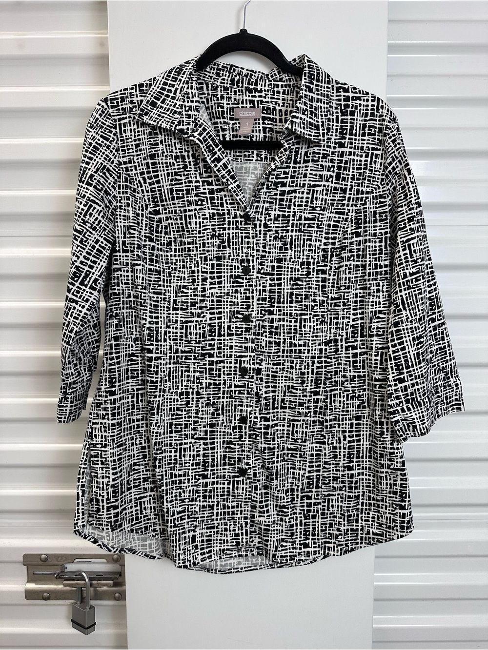 Chico's Black and White Abstract Grid Button-Down Shirt